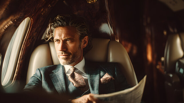 Businessman negotiating private jet purchase in luxury aircraft cabin