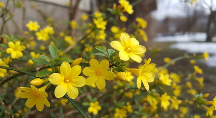 Obraz premium Close up of vibrant yellow forsythia blossoms with green leaves on transparent background