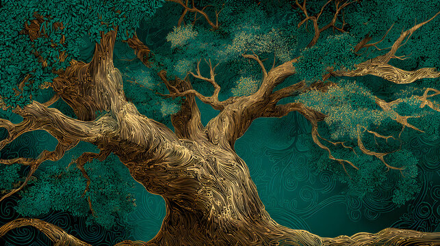 Elegant Ancient Tree Illustration with Intricate Lines and Green Foliage on a Dark Background