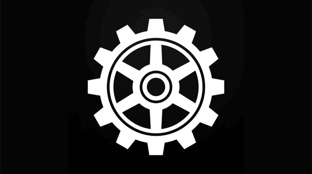 A white gear illustration on a black background, showcasing industrial design and technology.