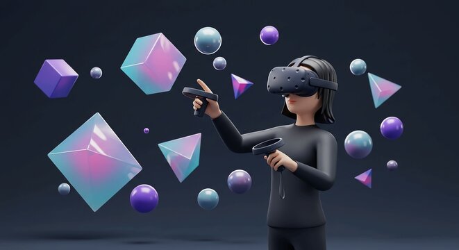 A person wearing a virtual reality headset and holding controllers stands surrounded by colorful geometric shapes and floating orbs in a futuristic environment.