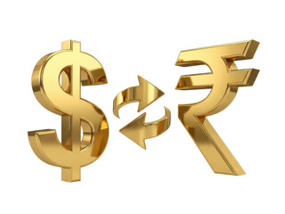Obraz premium Golden dollar and rupee symbols with exchange arrows isolated on transparent background