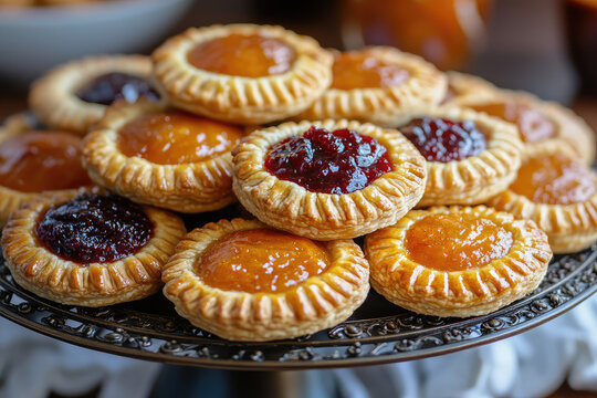 Jam-filled pastry tarts on a decorative plate