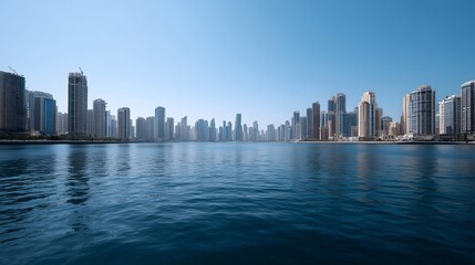 Obraz premium A sweeping panoramic view of a modern dense urban skyline rising above calm waters under a bright blue sky