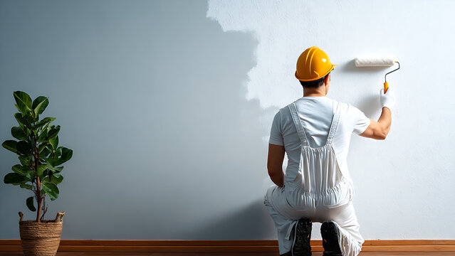A worker in a yellow helmet paints a wall with a roller. Half the walls have been painted white.