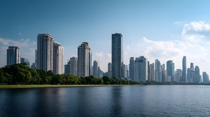 Fototapeta premium A vast panoramic view of a dense modern city skyline viewed across calm water separated by lush green parkland under a clear sky