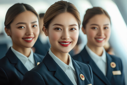 Three smiling flight attendants in navy uniforms