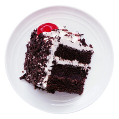 Naklejka premium Classic black forest cake slice on a white plate. Top view isolated on a white background.