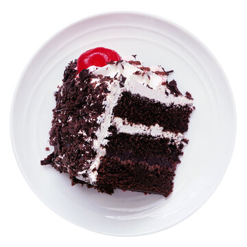 Classic black forest cake slice on a white plate. Top view isolated on a white background.