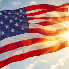 Obraz premium Backlit American Flag Waving With Bright Sun Flare And Sky