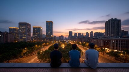 Obraz na płótnie Canvas Three individuals sit on an elevated viewing point contemplating the sprawling metropolitan cityscape at the vibrant hour of twilight
