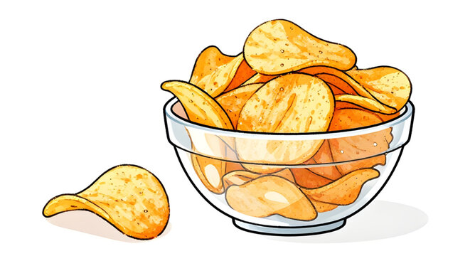 potato chips, snack bowl, glass bowl, crispy chips, fried snack, golden chips, crunchy food, salty snack, party snack, junk food, chip illustration, food design, snack collection, bowl of chips, tasty
