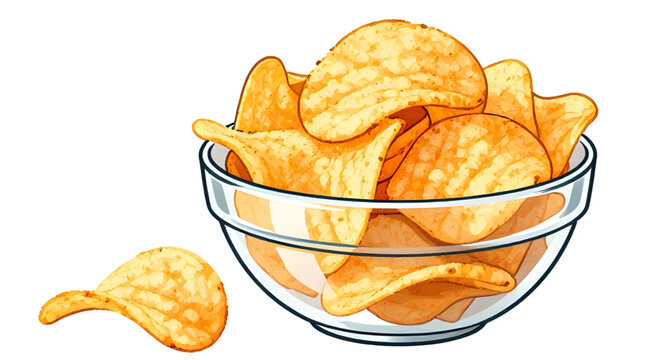 chips, bowl, glass, snack, food, crispy, potato, fried, golden, crunchy, salty, appetizer, munch, tasty, treat, illustration, design