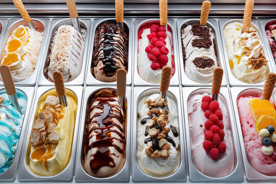 Ice cream bar with multiple toppings and syrups, self-serve concept, bright and inviting composition