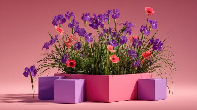 Vibrant purple irises and small pink blossoms bloom from a modern planter set against a soft background