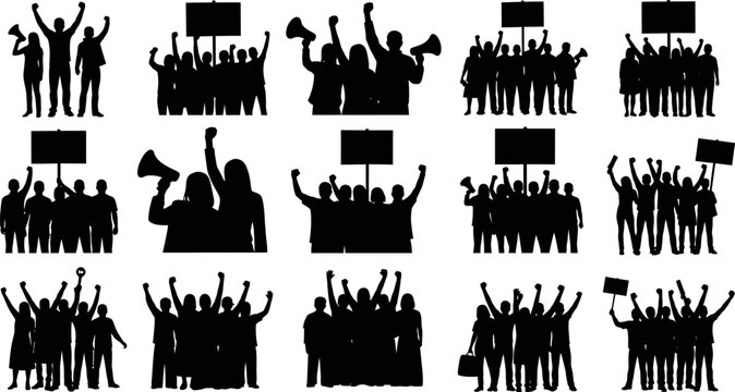 Collection of black silhouettes of people protesting and demonstrating in various poses on white background