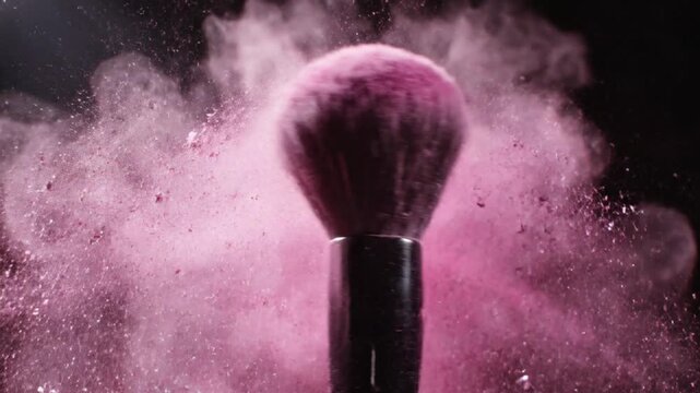 Makeup Brush Moving with Pink Powder in Dark Studio