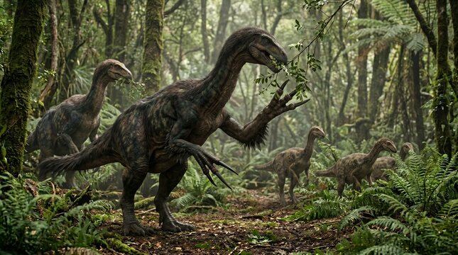 Therizinosaurus cheloniformis : A dinosaur family foraging in a prehistoric jungle. The scene captures the essence of a lost world, where these creatures thrived amidst lush vegetation