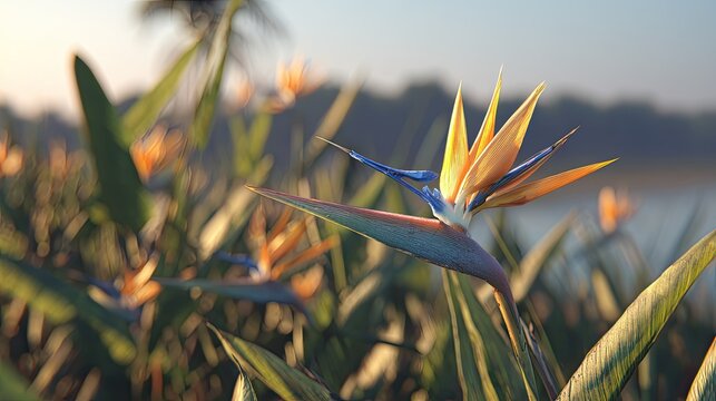 Vibrant tropical bloom displays bright orange and blue petals against a soft, natural background at sunrise