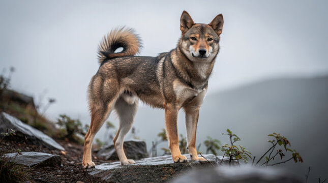 Jindo Dog Low Angle Rocky Hillside Wildlife Telephoto Shot Natural Frame Copy Space