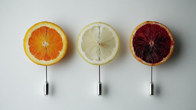 Three cross-sections of citrus fruits are displayed as stylish lapel pins against a neutral background.