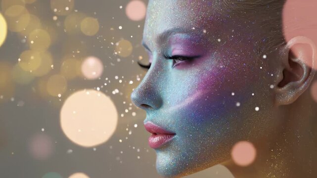 Woman with artistic face makeup shows off colorful design and sparkles. Bright background highlights creativity and skill. Concept of beauty, cosmetics, artistry