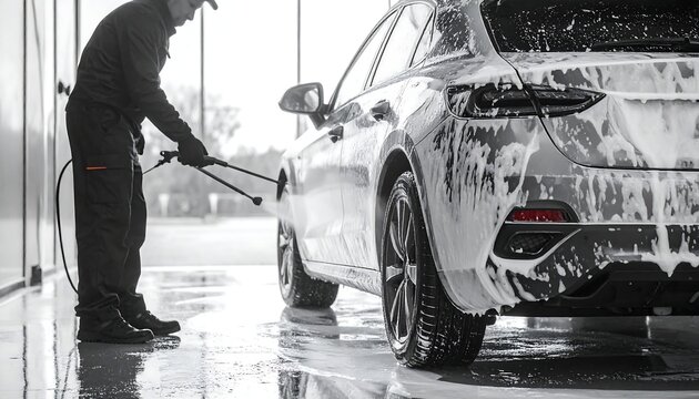 Man cleaning a car with soapy water at carwash