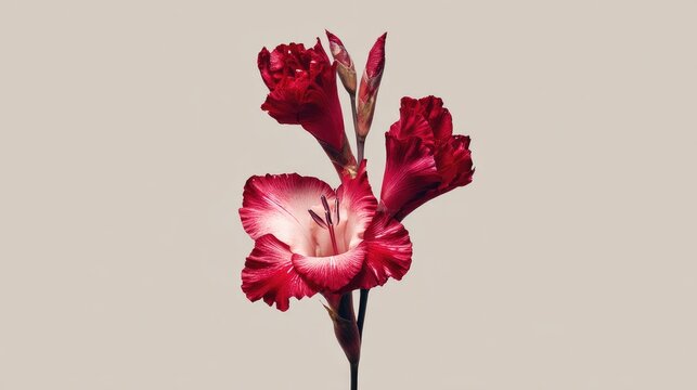 Deep crimson bloom with prominent stamens stands against a pale neutral background