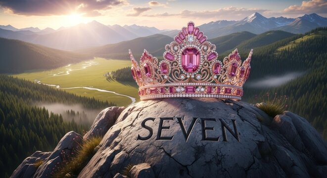 Pink jewel-encrusted crown atop stone "SEVEN" on a mountain, overlooking a valley
