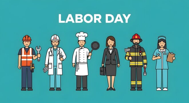 Flat Vector Illustration of Diverse Workers Group Including Construction Worker, Doctor, Chef, Businesswoman, Firefighter, and Nurse for Labor Day &ndash; Global Workforce Diversity Concept