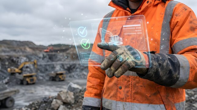 Mining safety officer using a futuristic transparent digital screen to inspect heavy machinery performance in an open pit mine site area.
