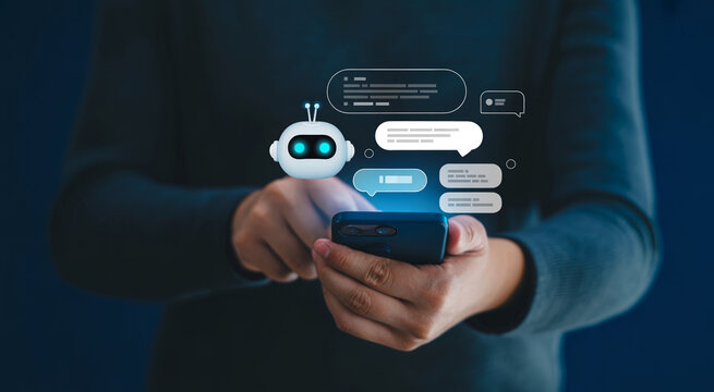 Person using smartphone with chatbot interface and message bubbles hovering above.