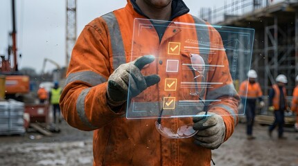 Fototapeta premium Professional construction technician interacting with a holographic checklist interface while working on a large scale urban infrastructure site.
