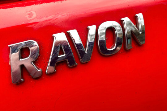 Kyiv Ukraine April 6, 2026: Ravon car brand lettering on metallic surface, representing automotive industry.