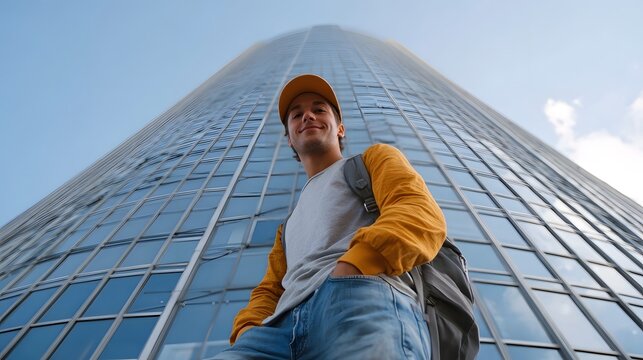 A casually dressed man stands against the backdrop of a towering modern glass skyscraper symbolizing aspi n and professional journey