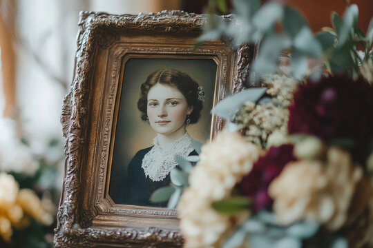 Vintage framed portrait of a woman among white and burgundy flowers