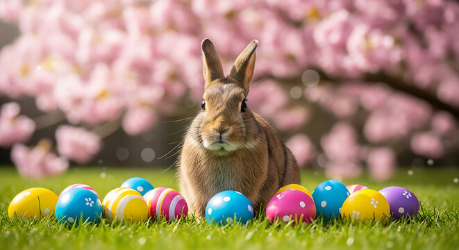 A brown rabbit sits on green grass surrounded by colorful Easter eggs under blooming pink flowers.