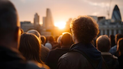 Fototapeta premium A group of individuals observing a modern cityscape panorama bathed in the dramatic warm light of sunrise symbolizing shared ambition
