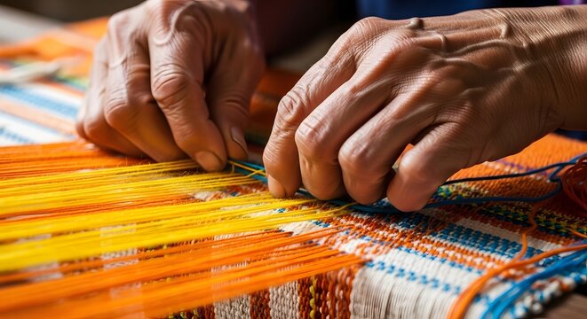 Weaving hands creating a vibrant textile with orange yellow blue and white threads
