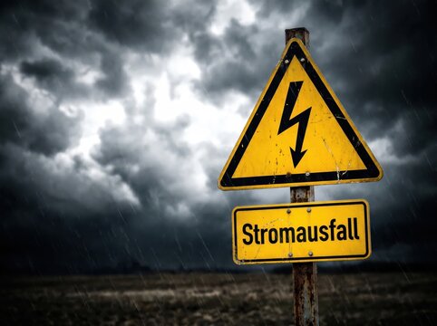 A warning sign with a lightning bolt symbol and the german word stromausfall meaning power outage, set against a dark, stormy, rainy sky in a rural landscape