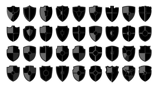 Collection of diverse black heraldic shield emblems with unique shapes and detailed borders presented on a clean white background representing protection security and identity