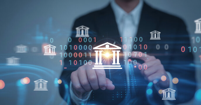 Businessman interacting with virtual banking interface showing bank icons and binary code digital transformation of financial services and secure online transaction processing technologies.