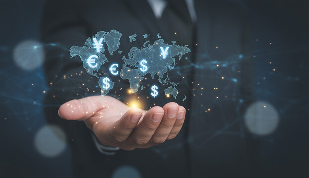 Hand presenting digital map of world with currency symbols for dollar euro and yen representing global economy international trade and financial markets in a connected worldwide network.