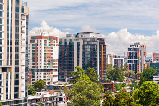 Composition of apartment buildings highlighting avant-garde design.