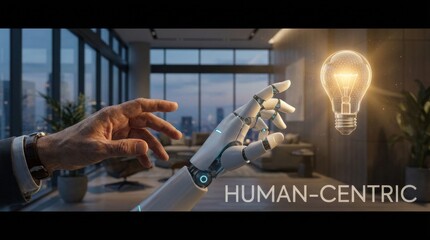 Naklejka premium Human-centric innovation concept with a robot's hand touching a lightbulb in a modern office