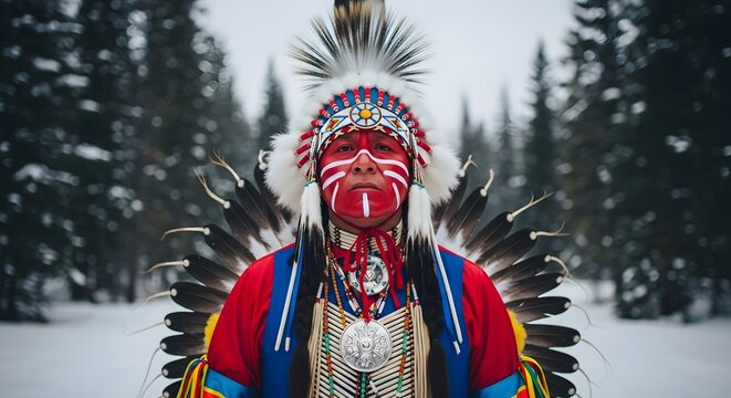 Native american warrior in traditional regalia standing in snowy forest