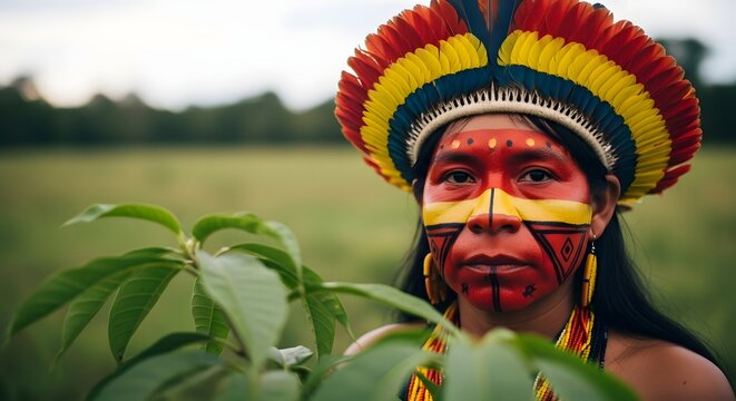Indigenous amazonian warrior with traditional headdress and face paint