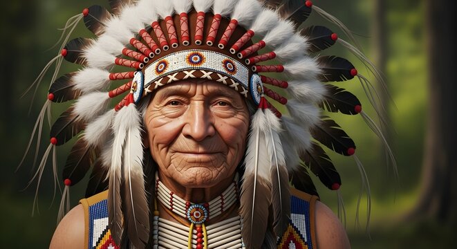 Elderly native american man in traditional headdress