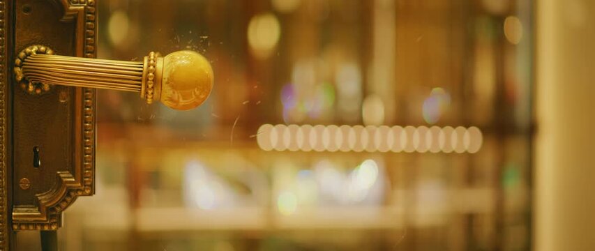 Close up of ornate golden door handle in luxurious interior space background