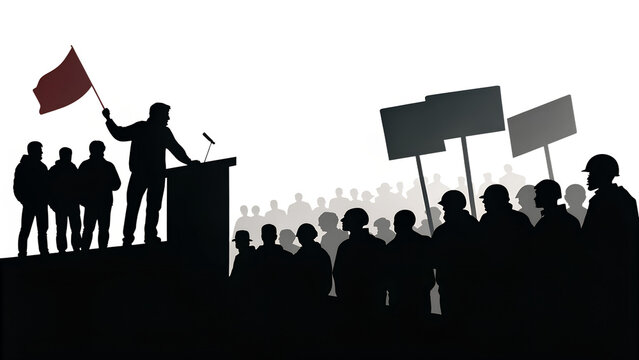 Silhouette of labor union meeting crowd with speaker waving flag isolated on transparent background.